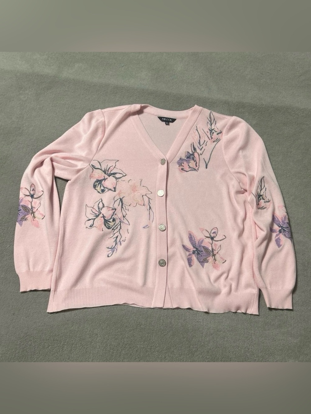 Misook Pink Intricate Embroidered Floral Silver Buttons Cardigan Sweater - Small